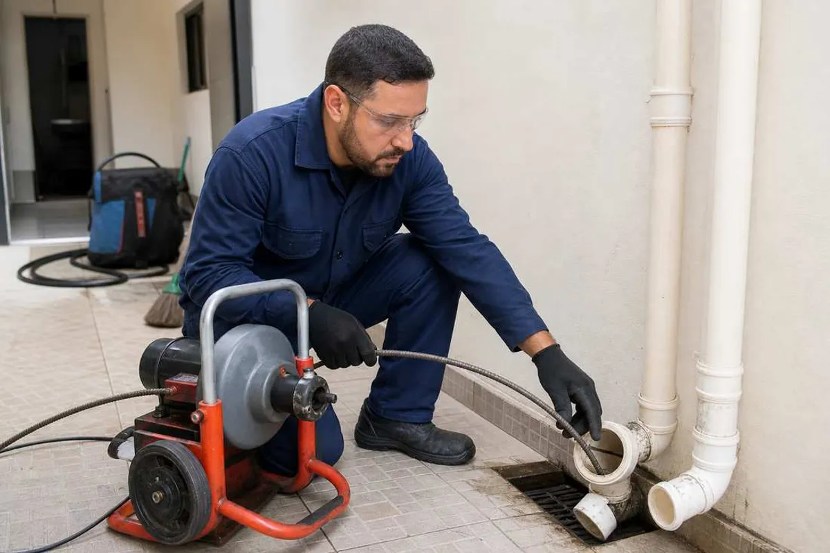 Técnico realizando desentupimento de coluna e tubulação predial com máquina rotativa em Copacabana