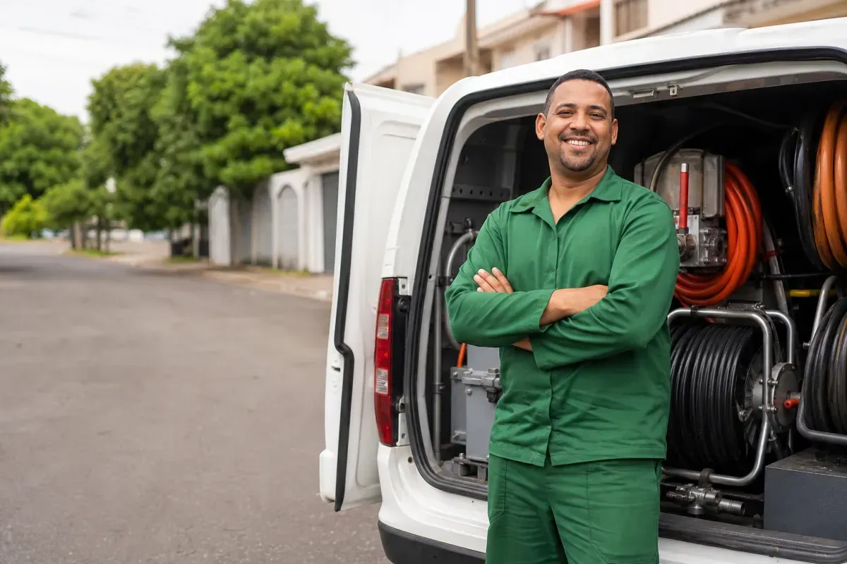 Desentupidora Pirituba — técnico de uniforme ao lado da van de serviço